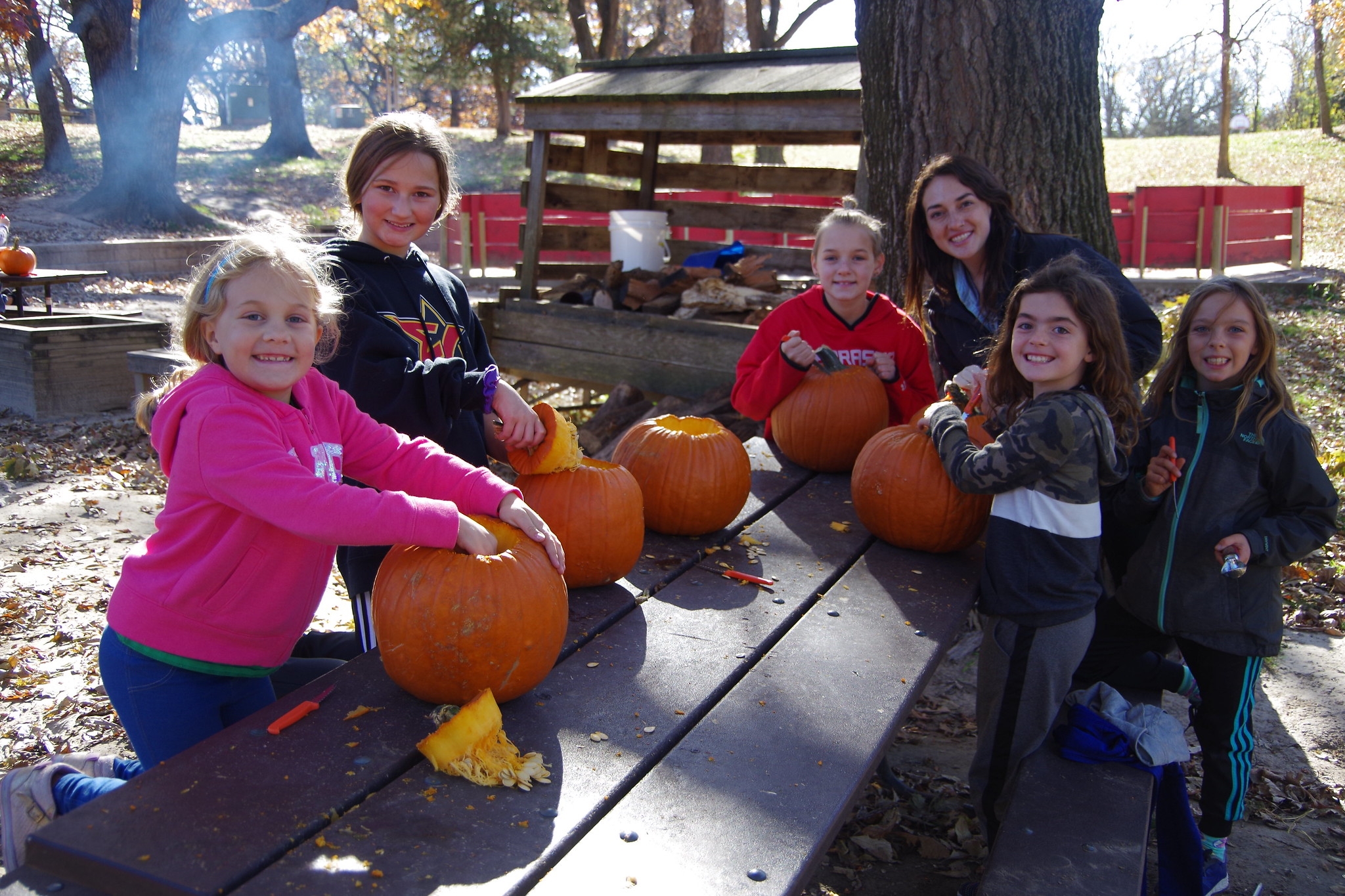 5 campers and a staff member begin to carve pumpkins on a picnic table